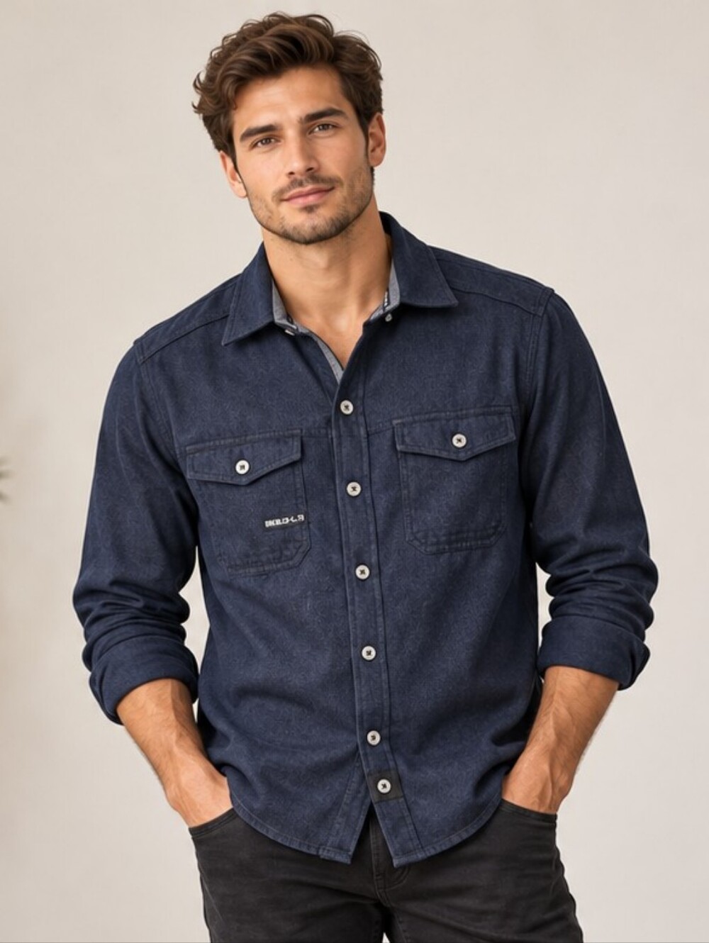 Dark Black | Men’s Navy Utility Button-Down Shirt Dual Pockets, Size S